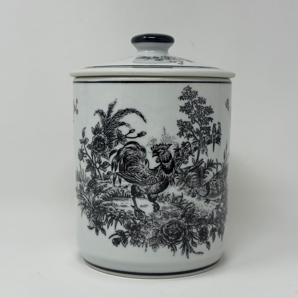 Vintage Aux Au Provence Black White Rooster Toile Canister French Country